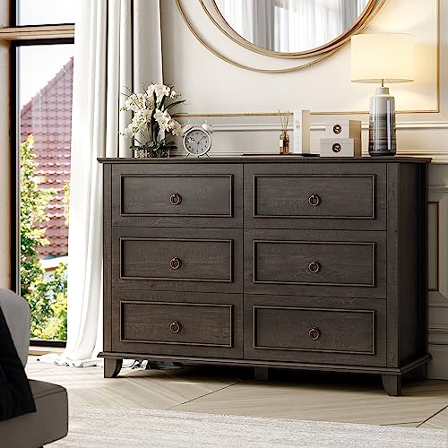 Hostack 6 Drawer Double Dresser For Bedroom, Modern Farmhouse Storage Dresser Cabinet, Wood Chest Of Drawers For Closet, Living Room, Hallway And Entryway, Dark Brown #TOP2