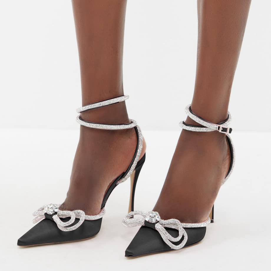JANSEVEN Rhinestone Bow Heels Black Satin Bowknot Heeled Sandals For Women Ankle Strap Pumps Knotted Sparkling High Heels Closed Pointed Toe 3 In Wedding Bridal Shoes3