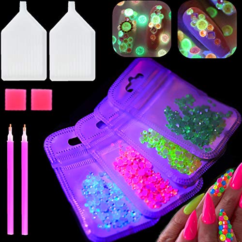 3D Luminous Nail Art Rhinestones Gems Kit Party Theme Glow in Dark Fluorescent NEON Night Light Nail Charms Crystals Diamonds with Storage Organizer Box and Picker Pencil (luminous)