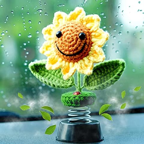Levvohd Sunflower Car Accessories Dashboard Decorations, Crochet Smiley Shaking Sun Flowers Bobblehead Dashboard Car Decor for Women, for Cute Girl Car Interior Desk Ornaments Gifts (H 5.2 in) Cover