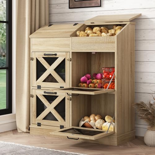 Large Wood Bread Box for Potato,Onion.Veggie Bin W/6 Large Storage