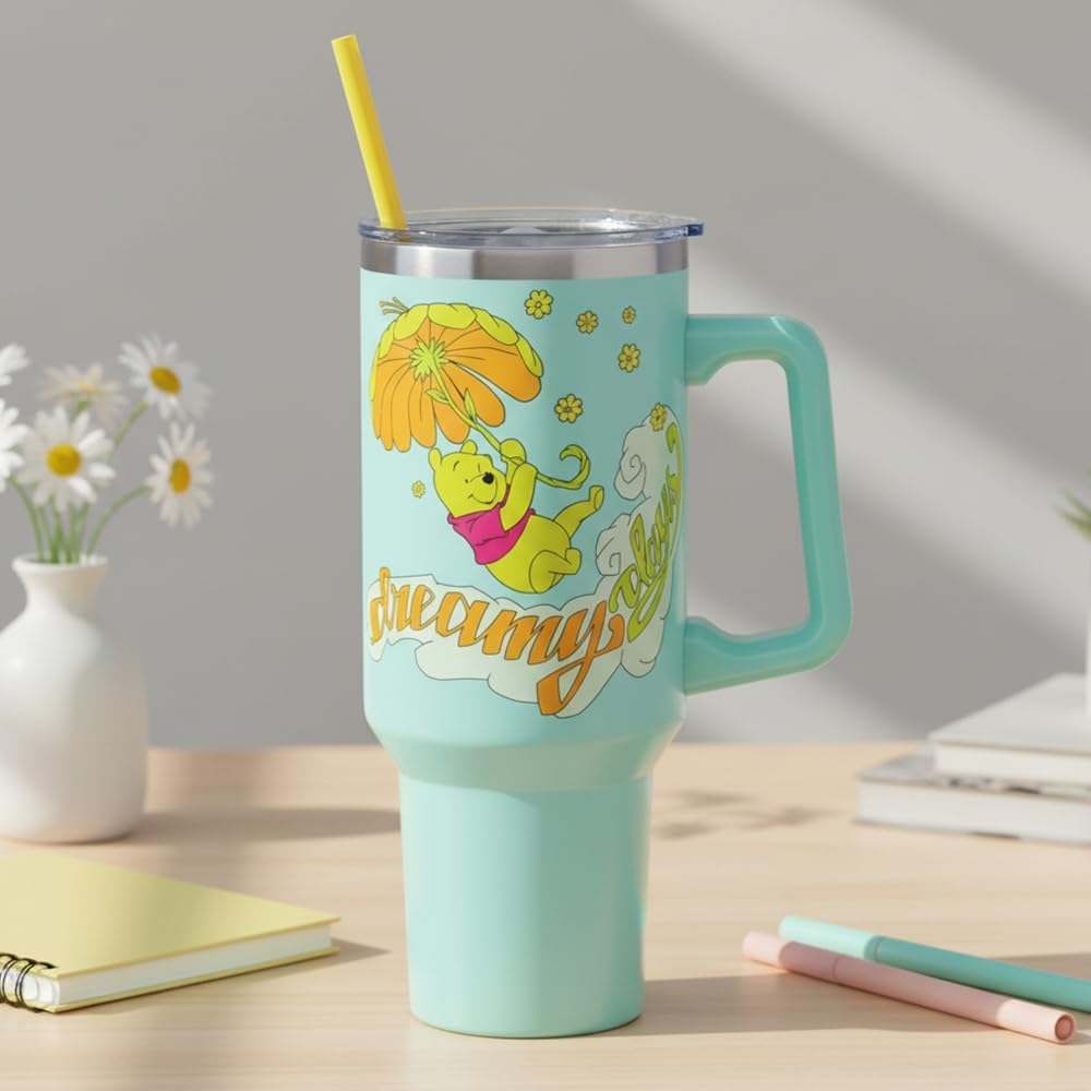 Silver Buffalo Disney Winnie the Pooh “Dreamy Days” Retro Art Double Walled Stainless Steel Tumbler with Handle and Straw, Fits in Standard Cup Holder, 40 Ounces - Image 9