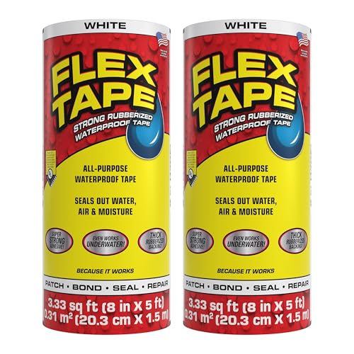 Flex Tape, Original Thick Flexible Rubberized Waterproof Tape - Seal and Patch Leaks, Works Underwater, Indoor Outdoor - Home RV Roof Plumbing and Pool Repairs, White, 8 in x 5 ft, Pack of 2