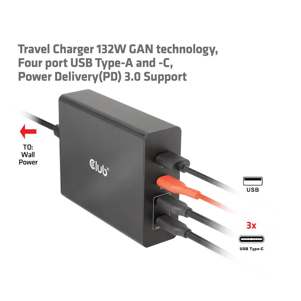 CLUB 3D CARGADOR 3XUSB TIPO C, 1XUSB A, PD 132W RETAIL