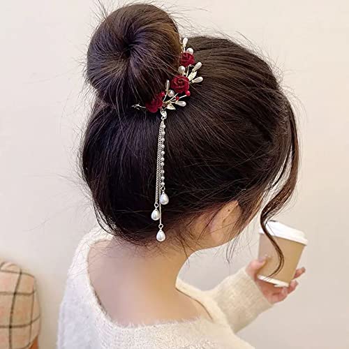 Pinzas para el cabello con perlas y rosa roja Myhiju miniatura 3