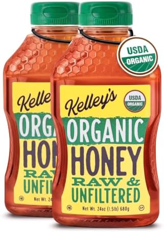 Kelley's 100% Organic Raw & Unfiltered Honey, USDA Certified, 24 Oz – All Natural, Flavor-Rich Honey for Fruits, Yogurt, Smoothies, Acai Bowls, Tea – Natural Sugar Substitute (Pack of 2)