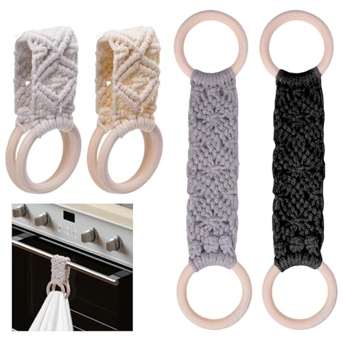 4 Pcs Kitchen Towel Holder Set Boho Handmade Crochet Hanging Dish Towel Holder with Loop for Cabinet, Oven, Stove Door – 12.6 Inch, Gift for Mom and Chef, 4 Colors
