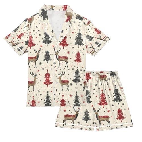 senya Christmas Deer Snow Red 1 Satin Summer Pajama Sets Silk Short Sleeve Button Down Sleepwear