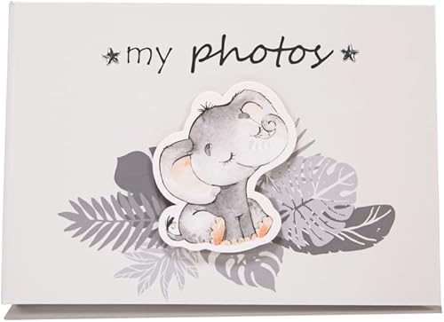 Happy Homewares Lindo álbum de fotos de elefante bebé gris con estrellas plateadas y hojas de palma, álbum de baby shower o baby shower, 24