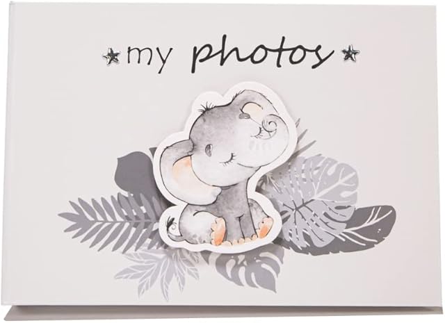 Happy Homewares Cute Baby Elephant Grey Photo Album with Silver Stars and Palm Leaves | New Born Baby or Baby Shower Album | 24 Spaces - 4"x6"