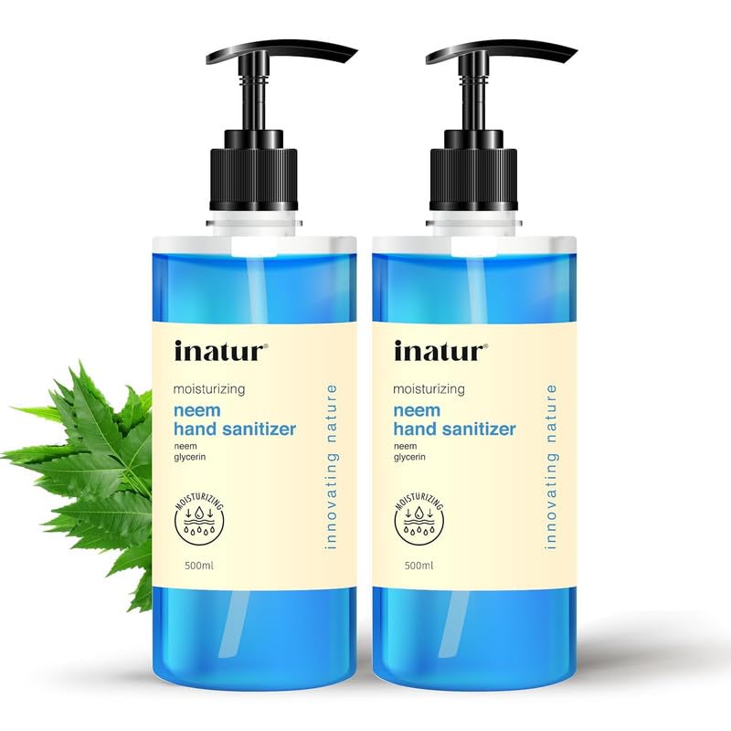 Image of inatur Moisturizing Neem Hand Sanitizer Gel Combo | Alcohol-Based, Antibacterial, Kills 99.9% Germs | Safe on Skin & Surfaces | Hand Sanitizer 500ml | Perfect Disinfectant Gel for Hygiene & Protection