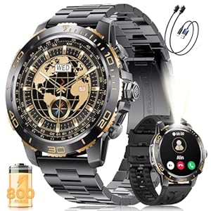 LIGE Smart Watch for Men, Smartwatch with LED Flashlight for Android/iOS, IP68 Waterproof, 300+ Watch Faces, 24/7 Heart Rate/Sleep Monitor, Make/Answer Call, Black Case with Rose Gold Indices