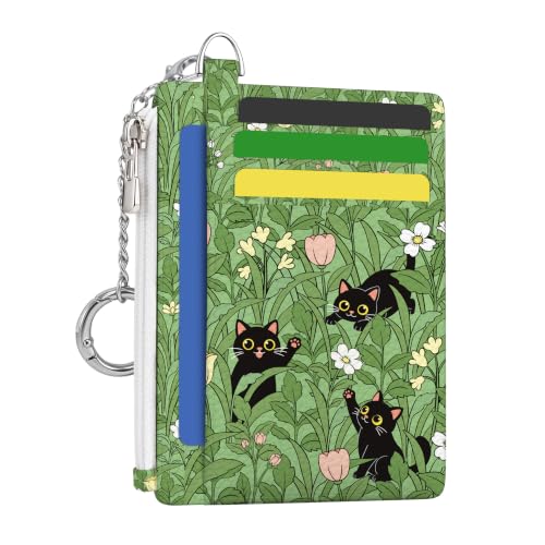 Image of Hancynir Black Cat Floral Credit Card Holder Small Wallet Women Slim RFID