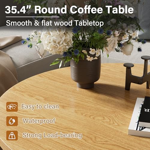 Image of Furniway Round Coffee Table, 35.4 inch Circle Wide Coffee Table, Wood Table and Center Table for Living Room, Natural