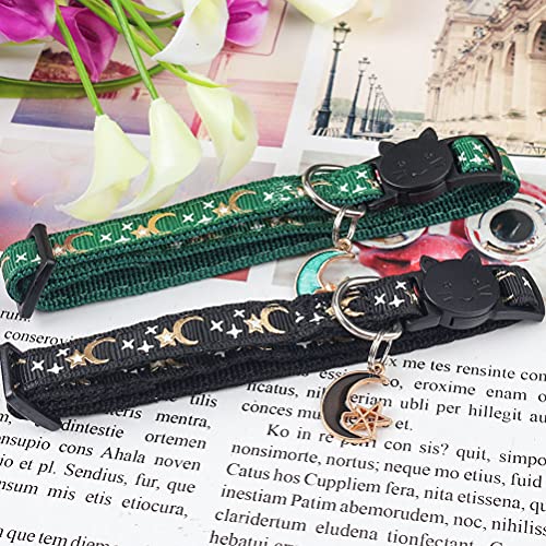 2 Pcs Pet Collars, Gold Moons and Stars Cat Collar with Pendant Adjustable Quick Release Safety Breakaway Dog Collar(Green+Black) - Image 3