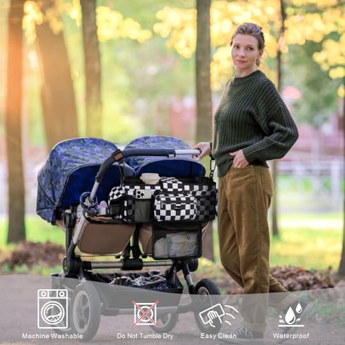 Image of TOPDesign Universal Baby Stroller Organizer, Double Stroller Caddy with Detachable Mesh Bag & Heightened Insulated Cup Holders & Non-Slip Secure Hooks Accessories, Fits Most Strollers (Checkerboard)