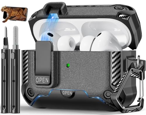 Image of for AirPods Pro 3 Case with Lock & Phone Stand(Grey) | Automatic Snap Switch Lock,Carbon Fiber Texture Design Cover with Cleaner Kit