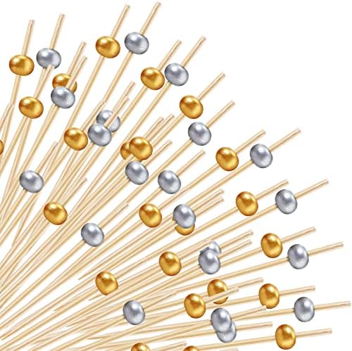 Cocktail Picks 200 Counts Fancy Toothpicks for Appetizers Handmade Sticks Multicolor Wooden Bamboo Toothpicks Long Decorative Skewers 5.5 Inch for Wedding Halloween XMAS Food(Gold, Silver)