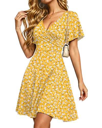 PLMOKEN Robes dete pour Femmes Robes de Plage Sexy à Manches volantées Encolure en V et Taille Empire avec Poches Fleur Jaune M