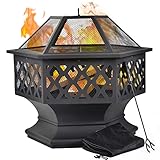 GREADEN Feuerschale mit Grillrost, Multifunktionale Sechseckige Feuerstelle, Metall Feuerkorb Fire Pit mit Funkenschutz + Schutzhülle + Schürhaken für Heizung / BBQ Grill im Garten Terrasse