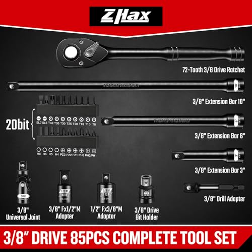 ZHAX 85-Piece 3/8" Drive Impact Socket Set, Standard SAE (5/16"-3/4") & Metric (8-22mm) Shallow & Deep Sockets, with Metric Swivel Sockets (8-19mm), Ratchet, Extensions & Adapters — view 3