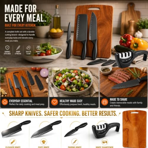 Image of Kitchen Knife Set with Wooden Cutting Board & Knife Sharpener | Black Coted Stainless Steel Blades with Cover | 3 Slots Sharpener | Wood Chopping Board for Vegetable, Fruit & Meat Cutting