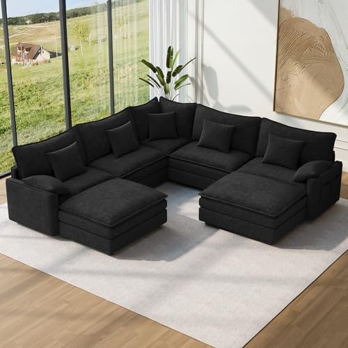 Image of Vesgantti 101 inch V-Shaped Corner Couch Sectional, 7 Seat Customizable Modular Cloud Couches with Movable Ottoman, Chenille Deep Seat Sofa Set with Chaise for Living Room, Bedroom and Apartment, Black