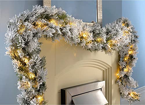 Image of Christmas Pre-Lit LED Snow Flocked Spruce Garland Christmas Decoration Pine - 9FT, White 2.7M
