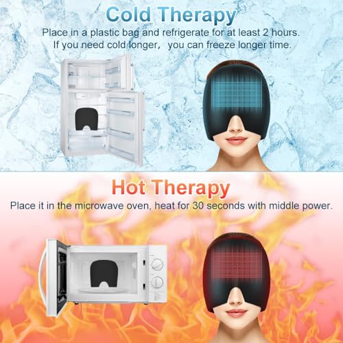 Image of Headache Relief Cap Gel Wrap for Head and Eye Coverage, Stretchable Fabric Head Wrap with V Shape Nose Design for Hot and Cold Use