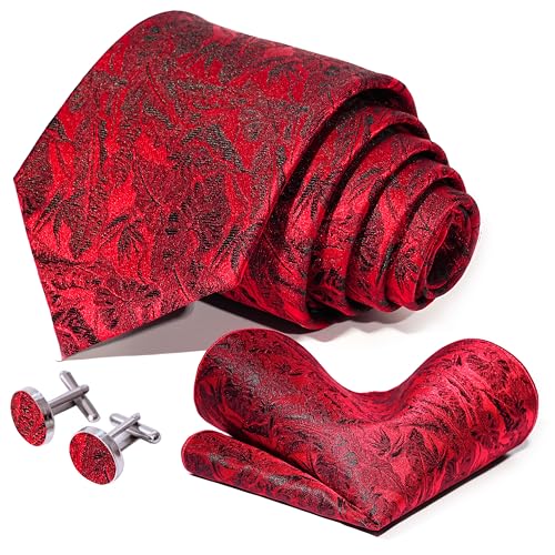 Image of 5PCS Tie and Pocket Square for Men, Silk Necktie and Handkerchief Cufflinks with Gold Ring and Lapel Pin Set