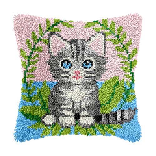 Image of bositigo Cat Latch Hook Pillow Kit for Adults & Kids, DIY Pre-Printed Canvas Craft, 17x17 Inch Decorative Cover for Sofa Cushions, Bedroom Decor (Cat Pattern 49)