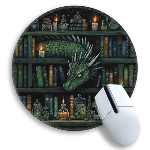 Image of Gctriki Gothic Dragon Small Mouse Pad, Funny Round Mousepad, 8.6 inch | Stitched Edges, Non-Slip, Mouse Pad for Computer Laptop Travel, Office Desk Accessories Decor, Mystical Library Vintage Book