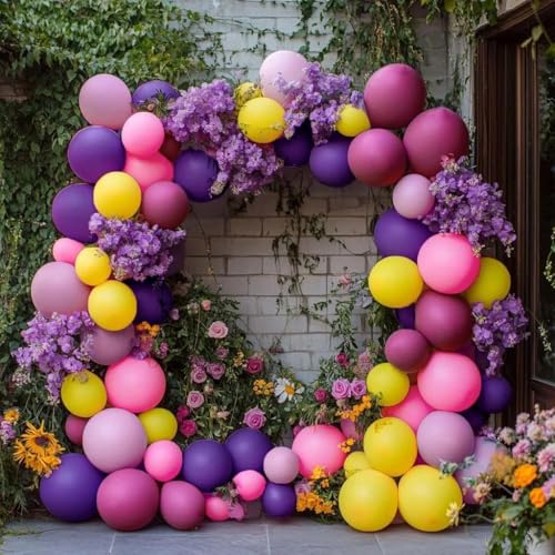 Image of Pink Purple Balloon Arch Double Stuffed Hot Pink Yellow Balloons Different Size Latex Magenta Balloon Garland for Happy Birthday Baby Shower Spring Wildflower Wedding Mexican Party Decorations