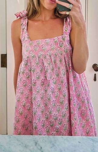 Image of Women Floral Tie Shoulder Mini Dress Cute Square Neck Loose Fit Beach Short Dress Backless Boho Vocation Sundress