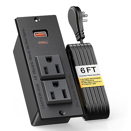 Recessed Power Strip USB C PD 20W, Recessed Outlet with USB Ports, Flat Plug Desk Power Strip for Sofa Drawer Cabinet Nightstand, 6 FT Extension Cord Conference Table Power Hub