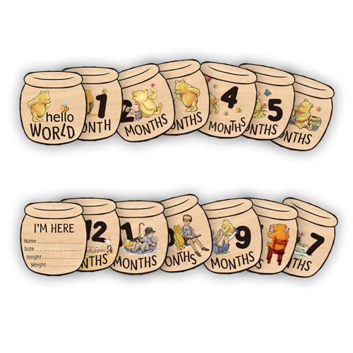 Image of Baby Bear Month Milestone Circles, Wooden Honey Pot Shaped, for Baby Photo Shoots with 'Hello, World' Name Signs - 7 Double-Sided Signs for Documenting Growth