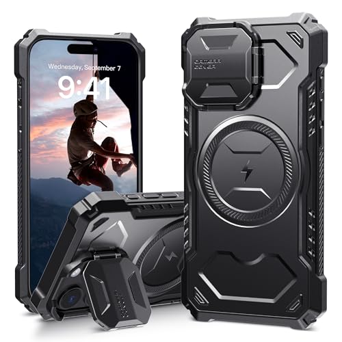 ALAFLY Funda Magnética para iPhone 16 Pro MAX con Protector Cámara Soporte, Compatible con MagSafe Carcasa, Protección Grado Militar Golpes Resistente Case, Negro