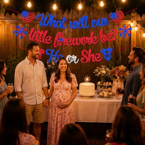 Image of What Will Our Little Firework Be He or She Banner 4th of July Garland | Independence Day Gender Reveal Party Decorations Red White & Blue Patriotic Baby Shower Party Supplies