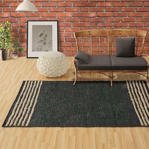 GRUHUM Jute Area Rug 4x6 ft Black Natural Leather Handmade