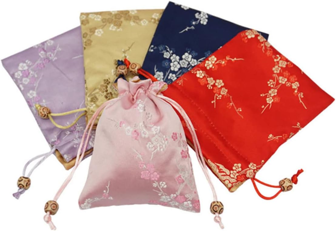 BESPORTBLE 5pcs Brocade Jewelry Pouches Elegant Drawstring Bags Red Golden Dark and Luxurious Plum Blossom Pattern for Jewelry Storage and Giving
