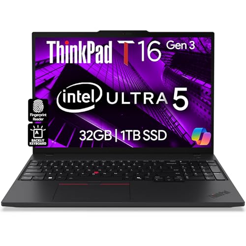 ThinkPad T16 Gen 3 Business Laptop 16" FHD+ Display, Intel Ultra 5-125U (Beats i7-1355U), 32GB DDR5 RAM, 1TB SSD, 5MB Webcam, WiFi 6E + BT, RJ-45, HDMI, Win 11 Pro, AI Copilot - Nero