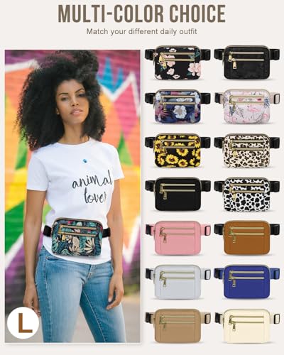 Image of Fanny Packs for Women 4 Zip Pocket Crossbody Belt Bag Waist Bags | Waterproof, Fashion Waist Pack, Crossbody Bags for Women, with Adjustable Strap, for Workout,Running,Traveling(Blue Leaves,L)