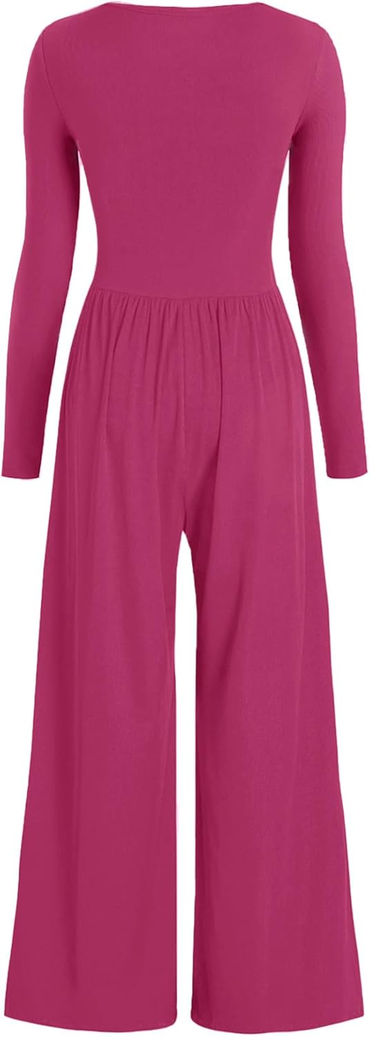 AUXDIO Women's Casual Long Sleeve Jumpsuits One Piece Crew Neck 2025 Wide Leg Pant Romper with Pocket - Image 2