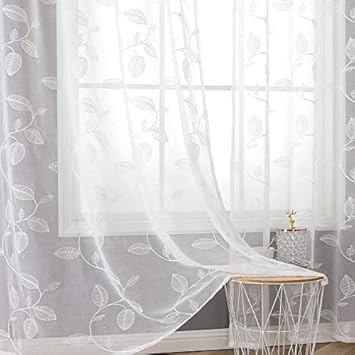 BGment White Sheer Curtains 63 Inches Long - Embroidered Leaf Pattern Light Filtering Cottage Core Botanical Semi Sheer Grommet Window Drapes for Farmhouse Bedroom, 2 Panels, 52 x 63 Inch