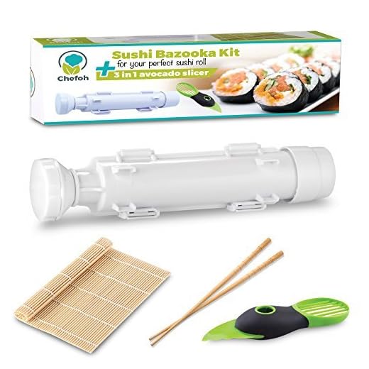 Chefoh All-In-One Sushi Making Kit | Sushi Bazooka, Sushi Mat & Bamboo Chopsticks Set + 3in1 Avocado Slicer | DIY Rice Roller Machine | Very Easy To Use | Must-Have Kitchen Appliance