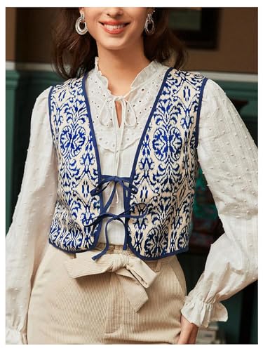 WDIRARA Women's Boho Print Tie Front Sleeveless Tank Top Vintage Vest Top Waistcoat3