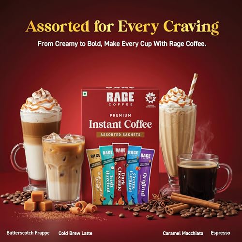 Image of Rage Coffee Instant Freeze Dried Coffee Sachets (Pack of 10) - 5 Flavours (Irish Hazelnut, Cream Caramel, Dark Chocolate, Original, Butterscotch Delight) - 2g Single-Serve Arabica Coffee Sachets | Quick Hot & Cold Brew