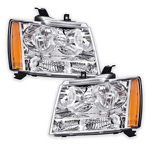 PIT66 Headlights, Compatible with 2007-2014 Chevy Tahoe Suburban/2007-2013 Chevy Avalanche Corner HeadLamp, Clear Lens Chrome Housing Amber Reflector