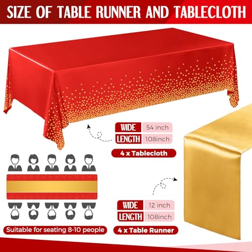 Image of Breling 8 Pack Red and Gold Disposable Plastic Tablecloths and Satin Table Runner Set, 54 x 108 Inch Tablecloth, 12 x 108 Inch Table Runners for Wedding Graduation Birthday Baby Shower New Year