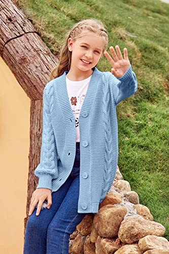 Image of Apbondy Girls Cable Knit Cardigans Button Down Long Sleeve Chunky Sweater Outerwear Blue